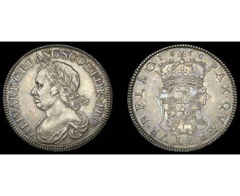 IV: Coins of Oliver Cromwell, Halfcrown, 1656, laureate bust left, olivar d g r p ang sco et hi &c pro, rev. pax qværitvr bel