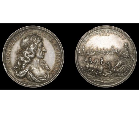 XIII: Medals of Charles II by Simon, Dominion of the Sea, 1665, a struck silver medal by T. Simon, from the same dies as prev