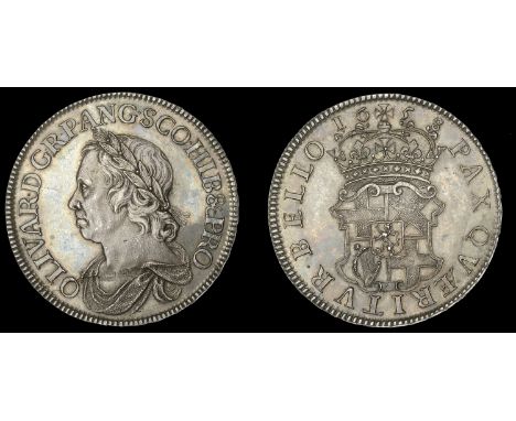 IV: Coins of Oliver Cromwell, Crown, 1658/7, laureate bust left, olivar d g r p ang sco et hib &c pro, rev. pax qværitvr bell