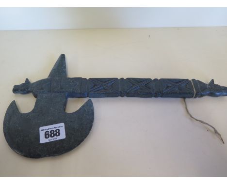 Nephrite ceremonial gemstone axe, possible old repair to handle - 33cm long 