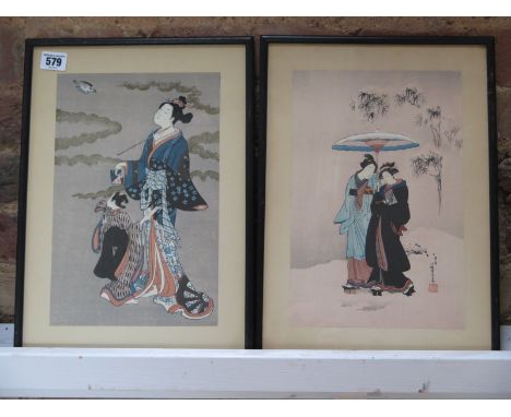 Two framed 19th Century Japanese coloured woodblock prints - New York Gallery labels to reverse - 39cm x 28xm - slight foxing