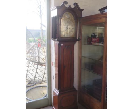 An 8 day mahogany longcase clock by Coleman and Co, Falkirk - 13 inch arched brass dial with date and seconds, silvered chapt