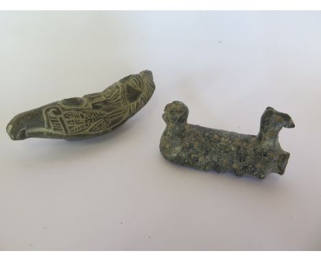 A Pre-Columbian or later hard stone narcotics pipe/snorter decorated with animal and human heads, 9cm long and another later 