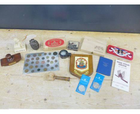 Mixed lot to include Lusitania medal, replica grenade, WWII MK compass, various coins and medallions, cigars etc (a lot) 