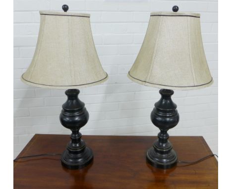 Pair of ebonised pottery table lamp bases and shades (2) 76cm high 