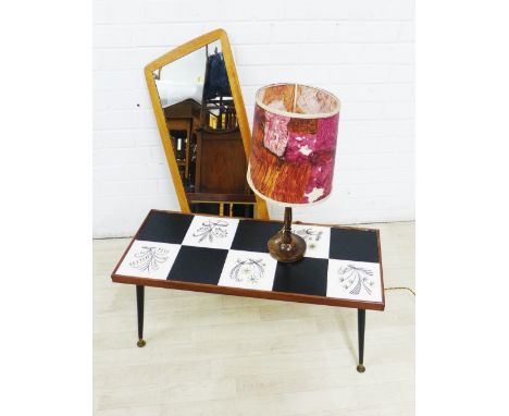 Mid century  tile top coffee table, teak framed wall mirror and wooden lamp base with a retro shade (3) 