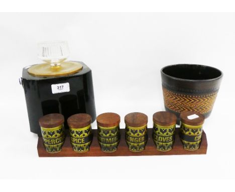 Hornsea spice rack with six pottery jars, West German pottery planter and a retro ice bucket (a lot) 
