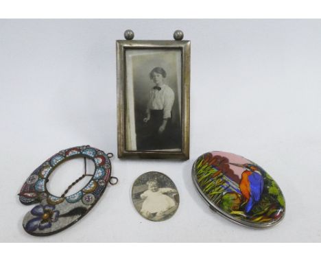 Micro mosaic photograph frame, 9cm, Art Deco compact and a Epns photograph frame (3) 