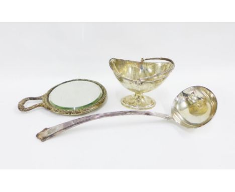 Victorian London silver sugar basket, Chester silver backed hand mirror and an Epns ladle (3) 