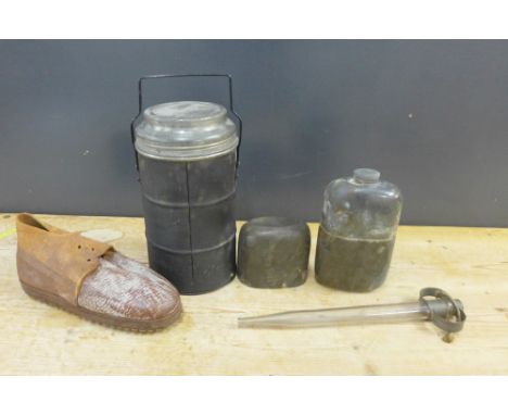 Vintage Grape Crusher shoe, syringe, pewter hip flask and WWII Thermos flask (4) 