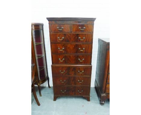 Mahogany veneered tallboy chest with a dentil frieze over two short and six long drawers, on bracket feet, 167 x 78cm 