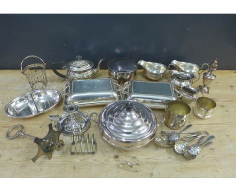 A carton containing a quantity of Epns wares to include a chamber candlestick, teaset, entree dishes, pair of sauce boats, fl