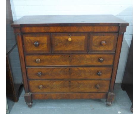 Victorian mahogany Scotch chest with breakfront top over three short and three graduating long drawers, 130 x 133cm 