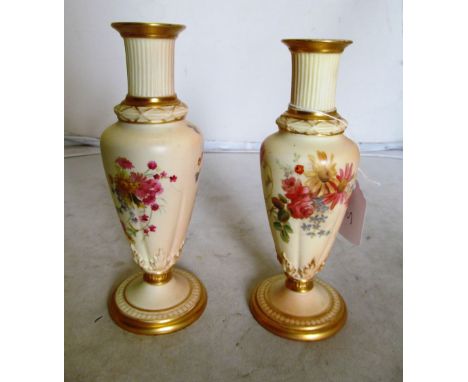 A pair Royal Worcester vases with reeded necks and floral decoration