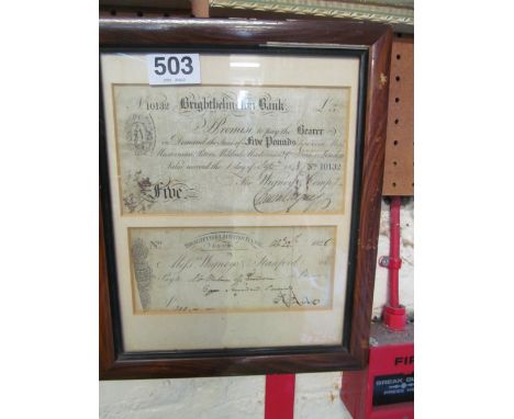 A Brighthelmstone Bank Five Pound note No.10132 1841 and a cheque 1826 framed as one