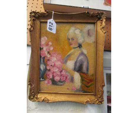 An oil portrait of woman arranging flowers