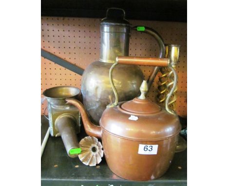 A brass jug, pair open barleytwist candlesticks, copper kettle and coaching light