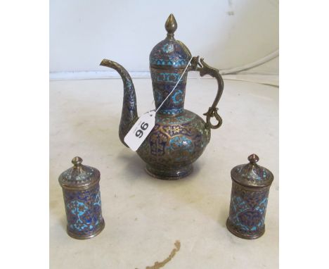 An Islamic brass and enamel coffee pot and two side pots