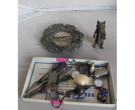 A cat thermometer, pig pin cushion, two pocket watches and other items