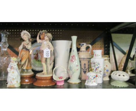 A decorative wall plate with Kauffman transfer print scene of three ladies, other decorative china and a plated spill vase