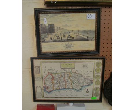 A coloured print Brighton Chain Pier and a map print Sussex by Herman Moll