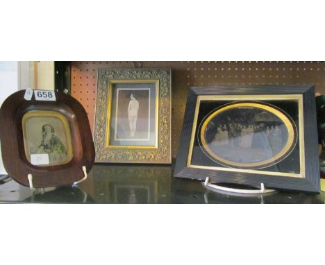 A Victorian framed photograph of a lady in rosewood effect frame, another group photograph and a photographic print of a semi