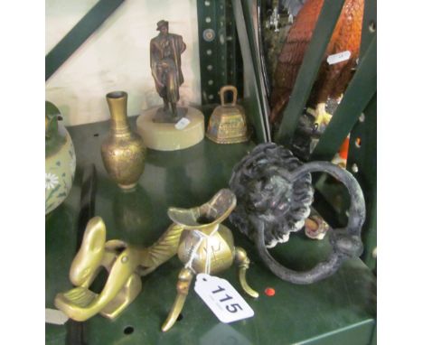 A metal figure on onyx base, brass and door knocker