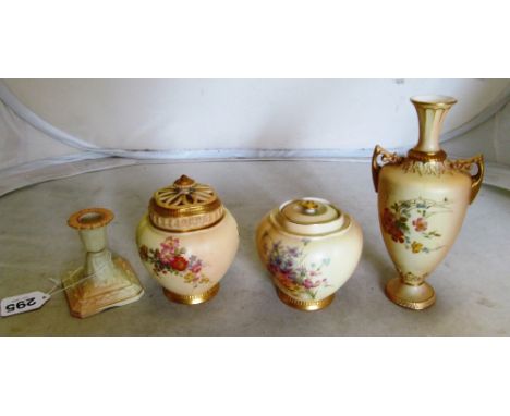 A Royal Worcester vase, pot pourri, lidded pot and Locke candlestick