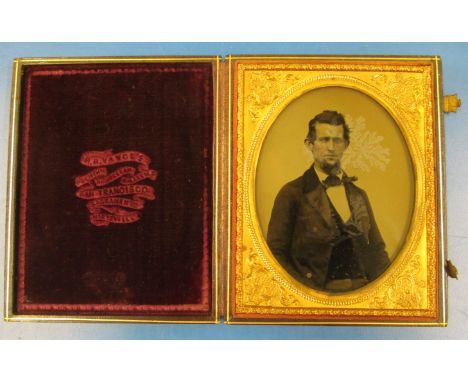 A 19th Century Daguerrotype/Ambrotype of gent in 3D with ferns to the glass in leather frame