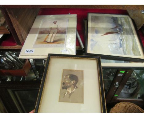 D. Green - watercolour sailing boats, another watercolour boats, watercolour portrait man looking sideways and two prints cri