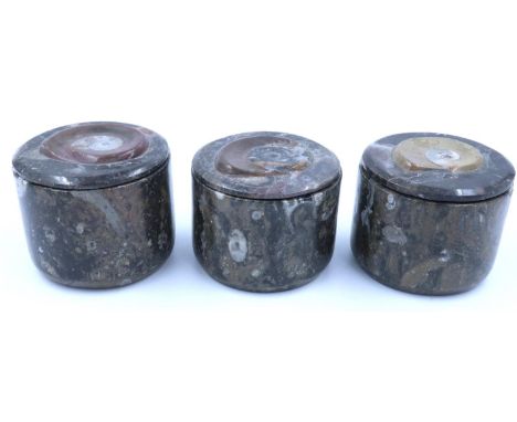 Three cylindrical covered pots formed from polished ammonite fossil specimens, each H: 75 mm. P&amp;P Group 1 (£14+VAT for th
