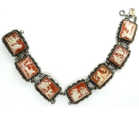 White metal and marcasite cameo panel bracelet, L: 20 cm. P&amp;P Group 1 (£14+VAT for the first lot and £1+VAT for subsequen