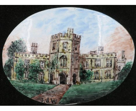 JA Wylde signed Bilston enamel, The Woodhouse Tattenhall, label verso dated 1979, framed, overall 17 x 14 cm. P&amp;P Group 1