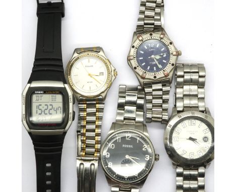 Five gents wristwatches, Accurist, Fossil, Casio, Platinum and Police, all working at lotting. P&amp;P Group 1 (£14+VAT for t