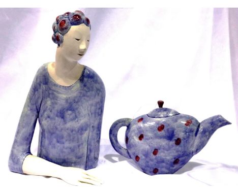 Elizabeth Price ceramic sculpture of lady with teapot, H: 24 cm, no cracks or chips, crazing throughout as deisgned. P&amp;P 