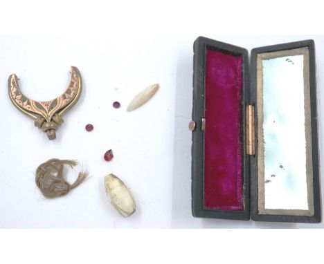 19th century rectangular ebony and rose gold patch or needle box, the interior velvet lined with mirror, L: 76 mm, and furthe