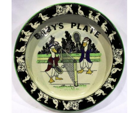 Early Carlton Ware baby plate, D: 19 cm, with tennis playing ducks decoration. P&amp;P Group 2 (£18+VAT for the first lot and