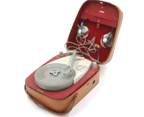 Vanity cased 9 volt stereo record player by Brown with Diplomat headphones. P&amp;P Group 3 (£25+VAT for the first lot and £5