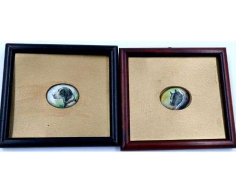 R Haig (19th century), a pair of ceramic miniature panels, Canine portraits, each framed, overall 14 x 12 cm, one frame loose