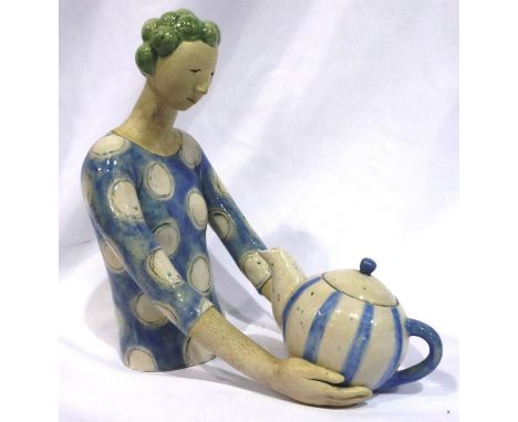 Elizabeth Price ceramic sculpture of lady with teapot, H: 23 cm, no cracks or chips, crazing throughout as designed. P&amp;P 