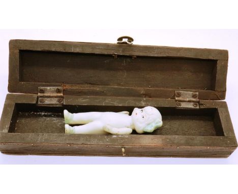 Small wooden jewellery box containing a vintage ceramic miniature doll. P&amp;P Group 1 (£14+VAT for the first lot and £1+VAT