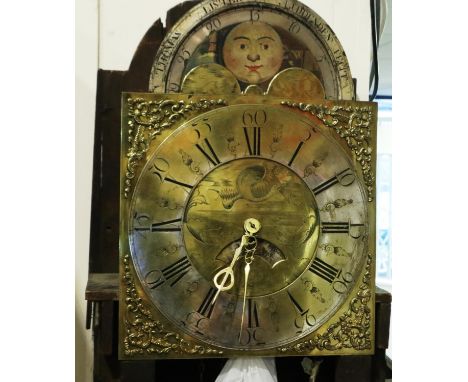 George III longcase clock by Thomas Lister Luddenden in a heavily carved oak case with damages, lacking hood. Not available f