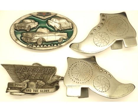 Two American belt buckles, American Steel and Chevrolet, and a pair of metal cowboy boots, largest L: 11 cm. P&amp;P Group 1 