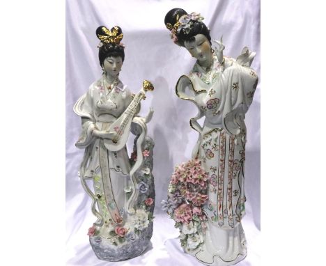Substantial pair of Oriental ceramic ladies, largest H: 70 cm, no chips or cracks. Not available for in house P&amp;P. 