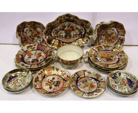 Chamberlain Worcester 240 pattern dessert service, fourteen pieces, one plate cracked and some wear to gilt. Not available fo