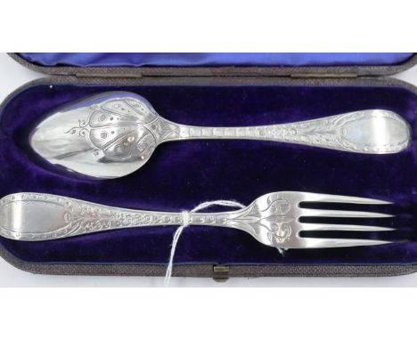 Reid &amp; Sons hallmarked silver fork and spoon, Newcastle assay 1860, complete in leather case, combined silver 93g. P&amp;