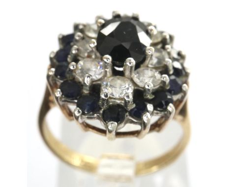 9ct gold cluster ring set with sapphires and CZ, size N, 3.9g. P&amp;P Group 1 (£14+VAT for the first lot and £1+VAT for subs