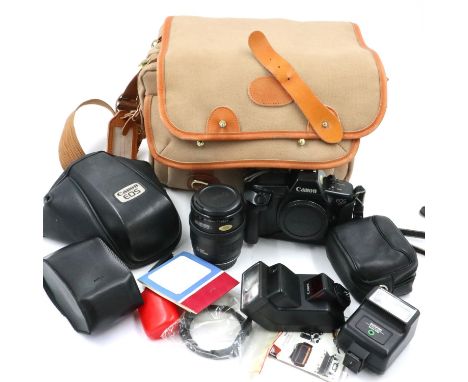 Canon EOS 650 camera with Canon Zoom 35-105mm lens, two flashes and other accessories in a travel bag. Not available for in-h