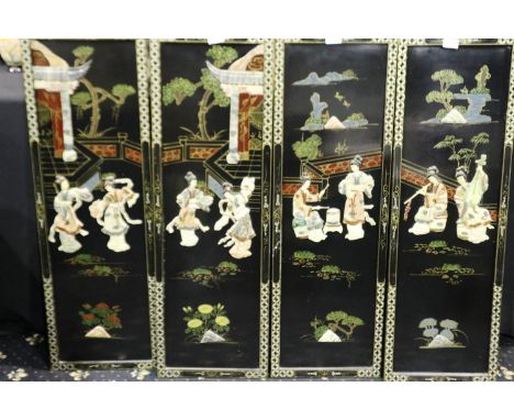 Four Oriental panels decorated with mother of pearl figures, each panel 30 x 90 cm. Not available for in-house P&amp;P. 