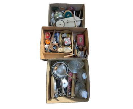Quantity of kitchenalia and tools in three boxes